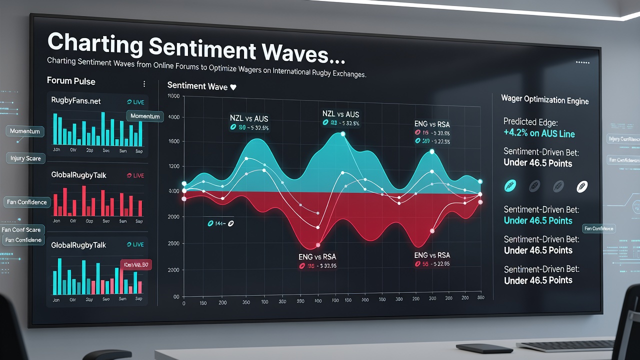 Dashboard interface displaying live rugby forum sentiment scores alongside exchange order book data for a June 2026 test match
