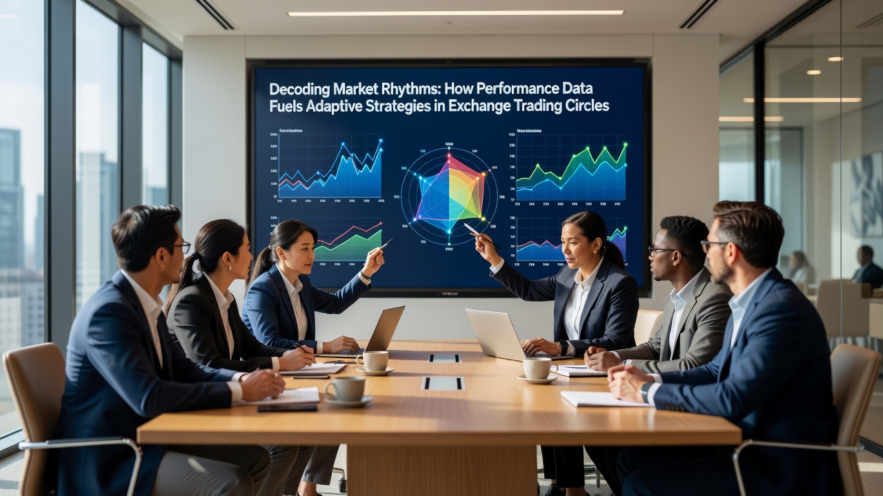 Group of exchange traders collaborating over performance analytics dashboards during a live trading session