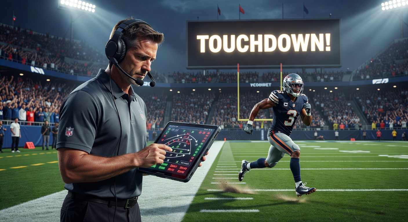Close-up of NFL sideline huddle during a tense red-zone sequence, with coaches signaling plays