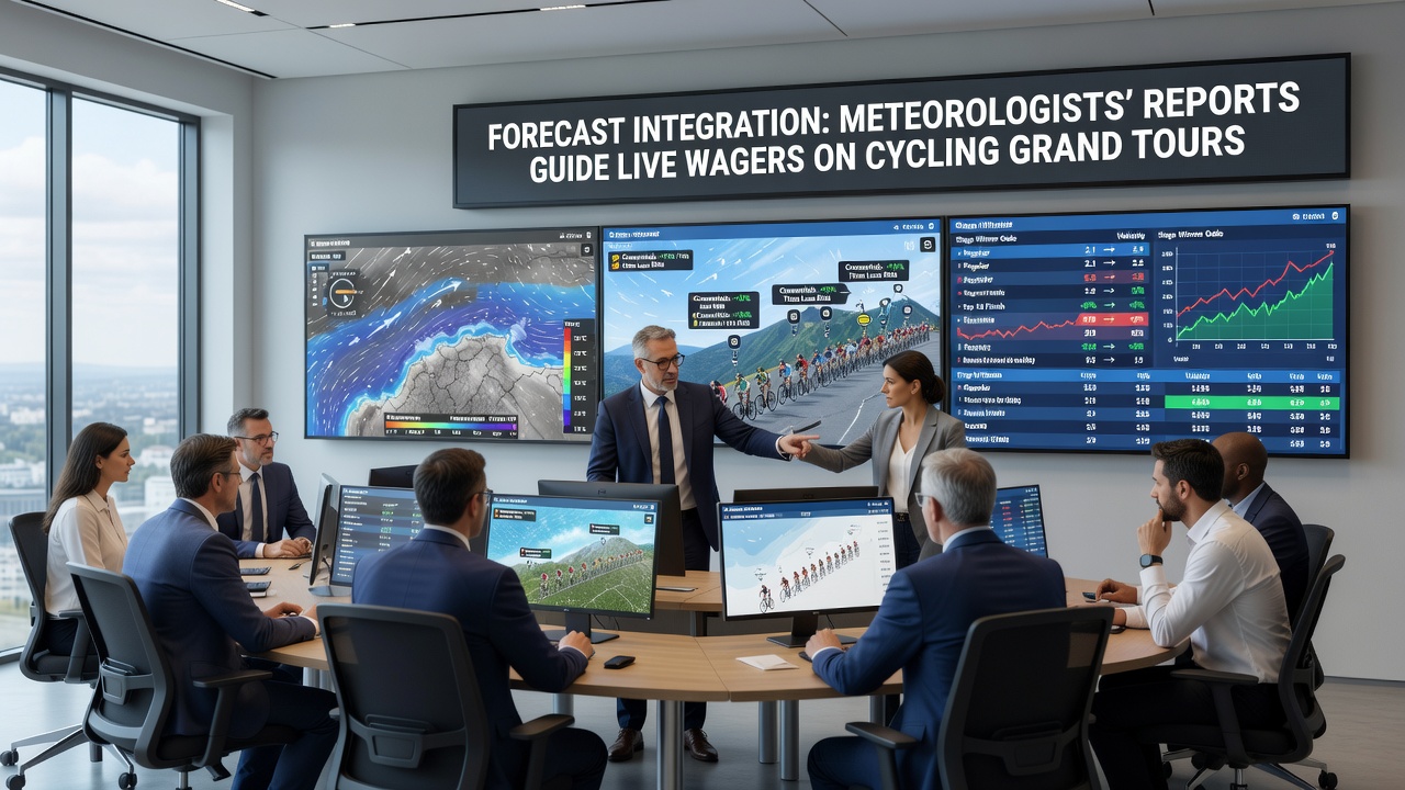 Live betting terminal displaying cycling stage data alongside real-time weather overlays during a Grand Tour