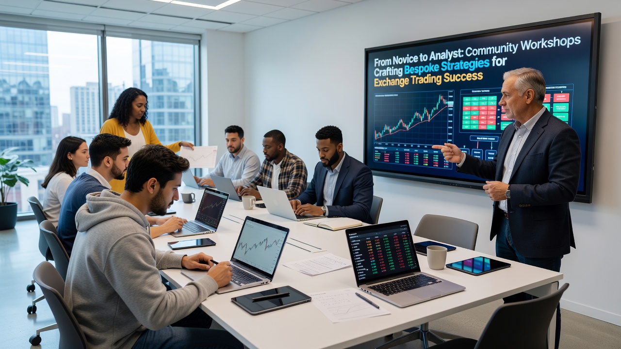 Traders collaborating in a workshop session using multiple screens to analyze exchange order flow