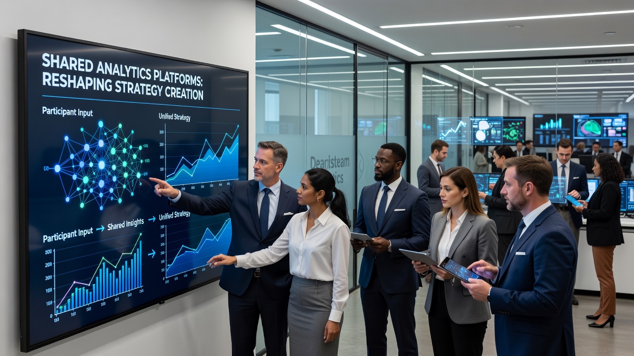 Group of exchange traders reviewing collaborative analytics outputs on multiple screens during a live event