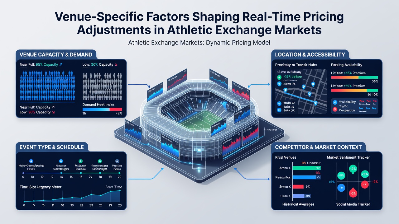 Traders monitoring venue data feeds and adjusting exchange contracts during a live athletic competition