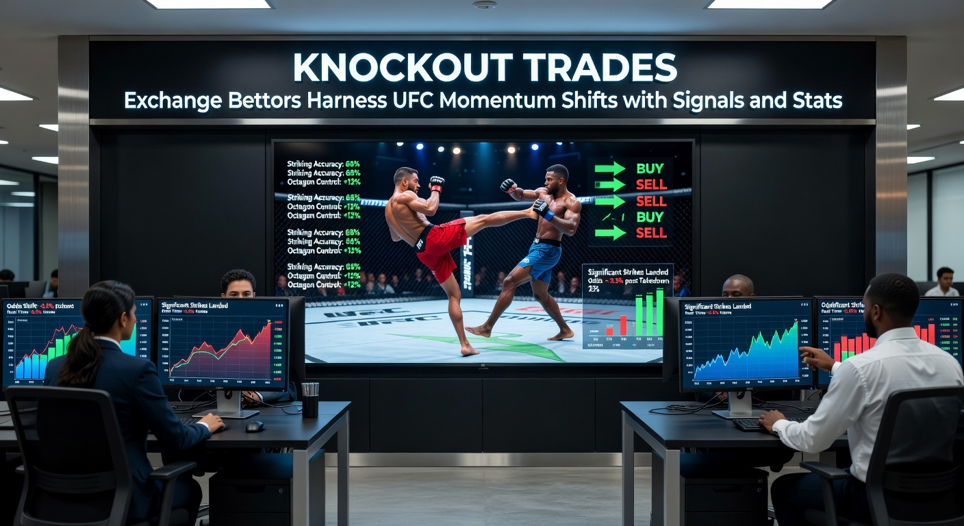 Exchange trading interface displaying live UFC odds fluctuating wildly during a momentum shift, with charts showing signals and stats overlays for bettors