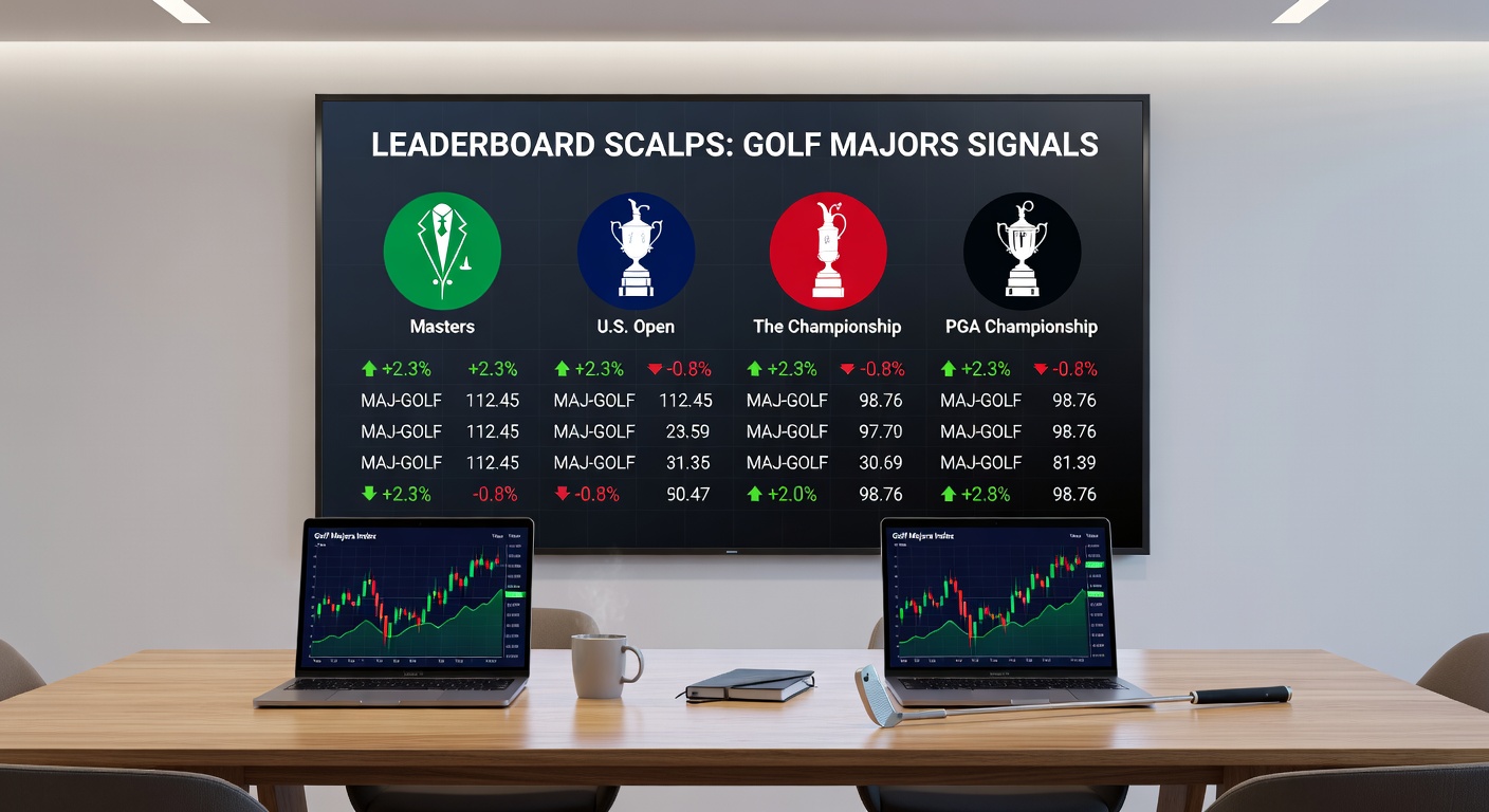 Trader dashboard displaying live golf major leaderboard with scalping signals and odds charts