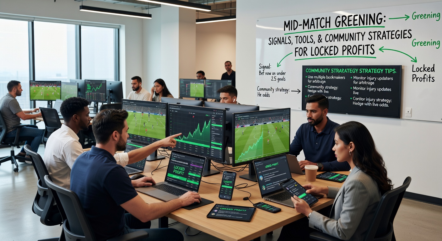 Close-up of a trader's screen displaying soccer odds ladder, greening buttons active, and live stats overlay