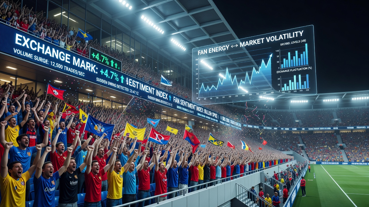 Traders monitoring live exchange platforms while stadium atmosphere builds during critical game moments