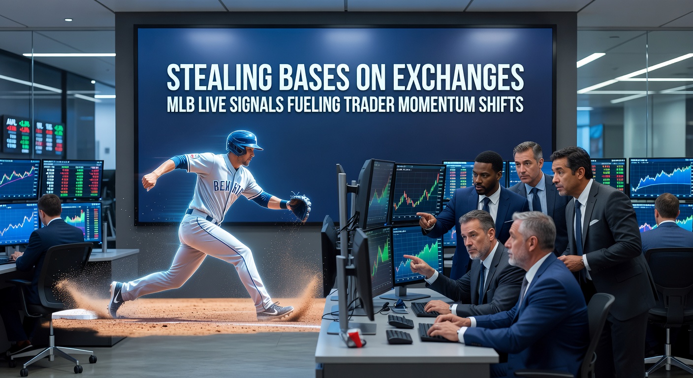 Betting exchange interface displaying live MLB odds shifting dramatically after a stolen base, with charts showing trader volume surge