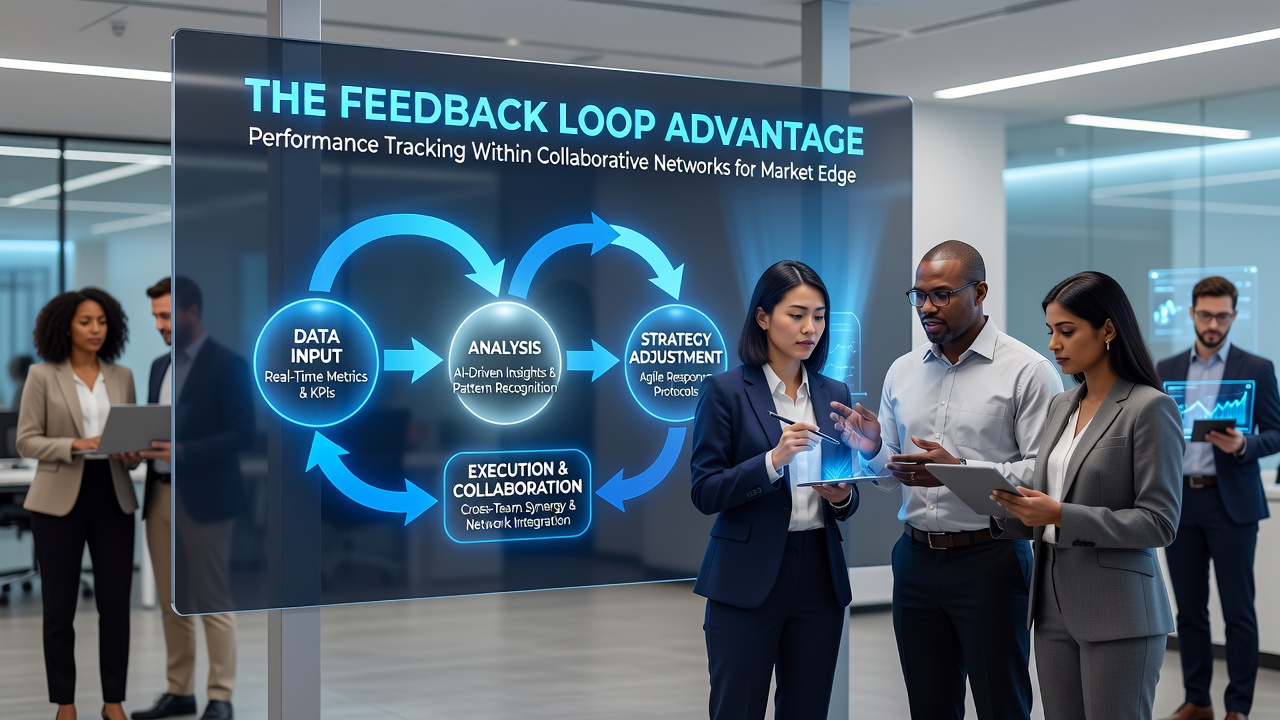Business professionals reviewing real-time performance dashboards in a collaborative network meeting