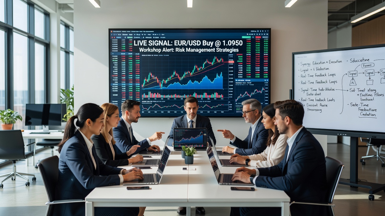 Real-time trading signals displayed on multiple screens during a workshop session