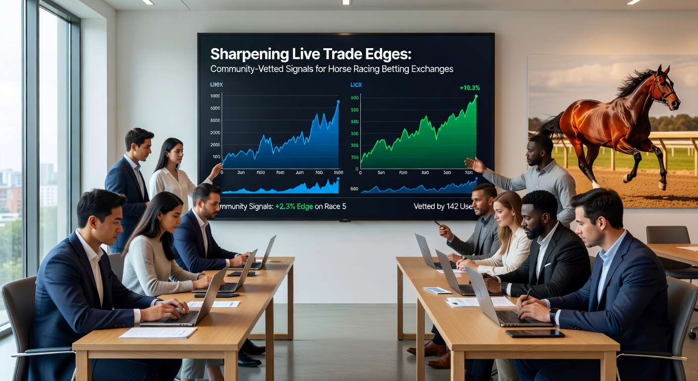 Traders analyzing live horse racing signals on a betting exchange dashboard, highlighting community-vetted edges in real-time action